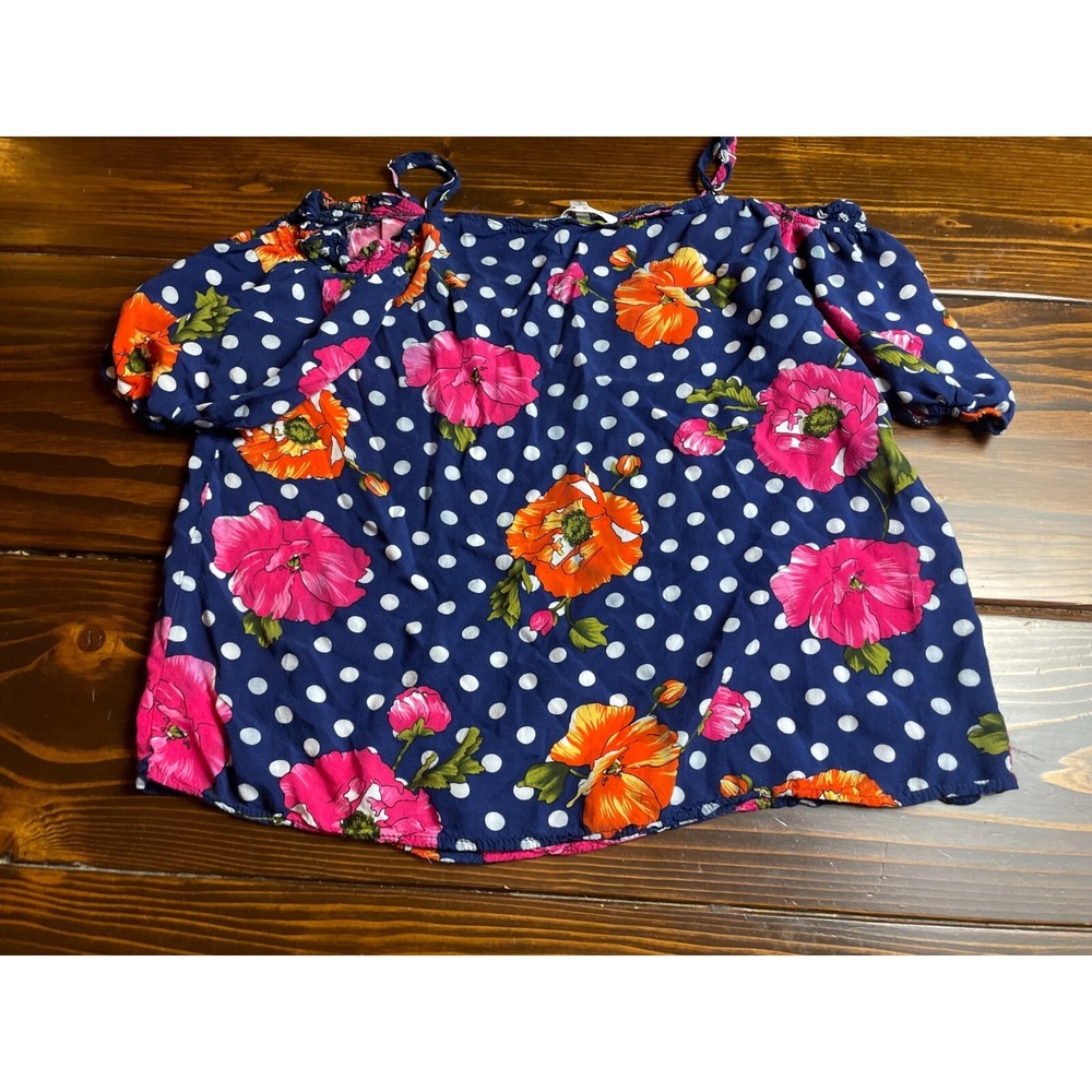 Paradis Miss Blouse Size L Blue Polka Dots Floral Puff Sleeve Strap Neck Cropped